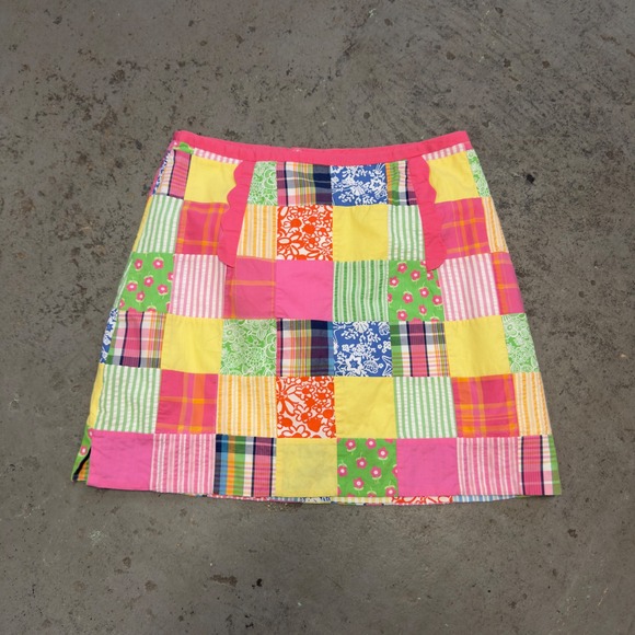 Lilly Pulitzer Dresses & Skirts - Lilly Pulitzer Patchwork Mini Skirt Pink Yellow Plaid Floral Cotton Size 10